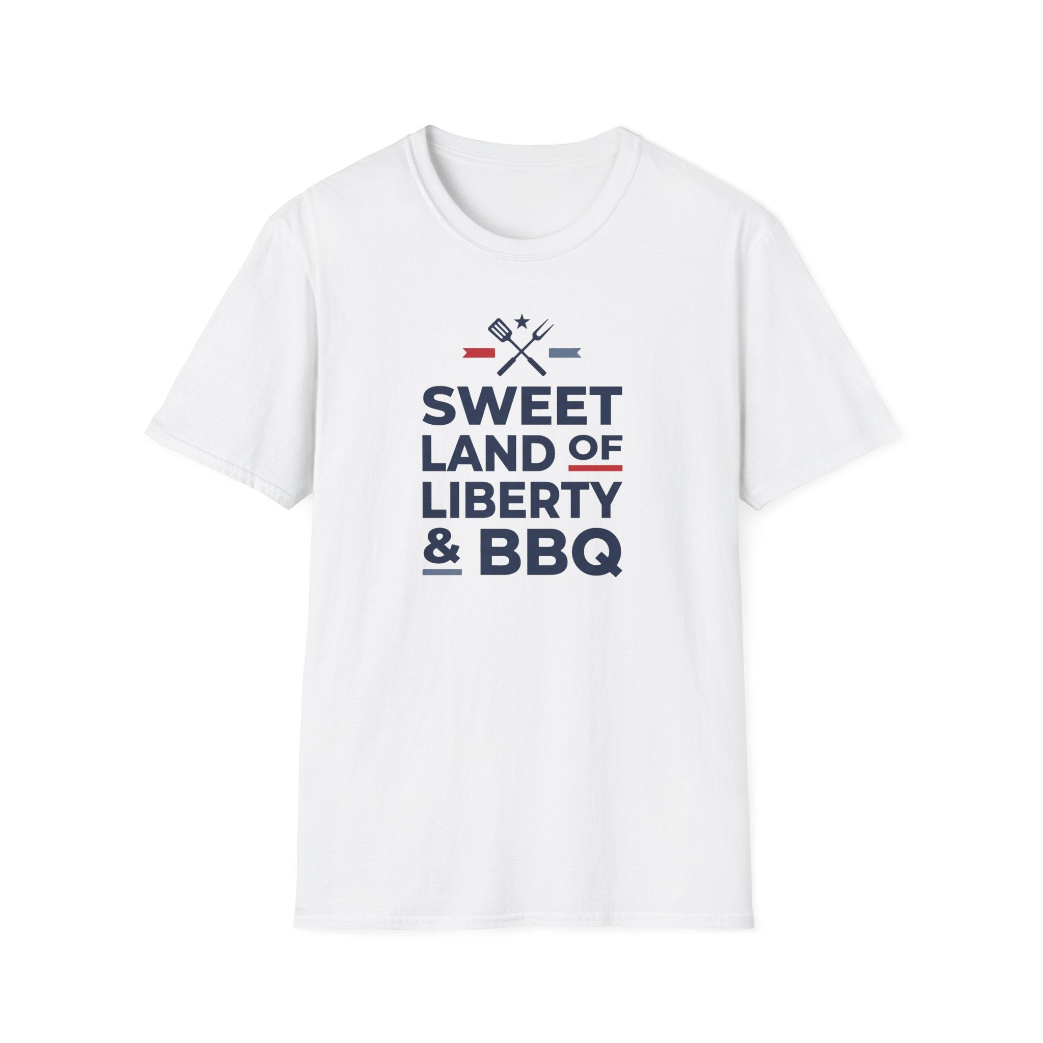 White BBQ T-shirt with 'Sweet Land of Liberty & BBQ' front graphic