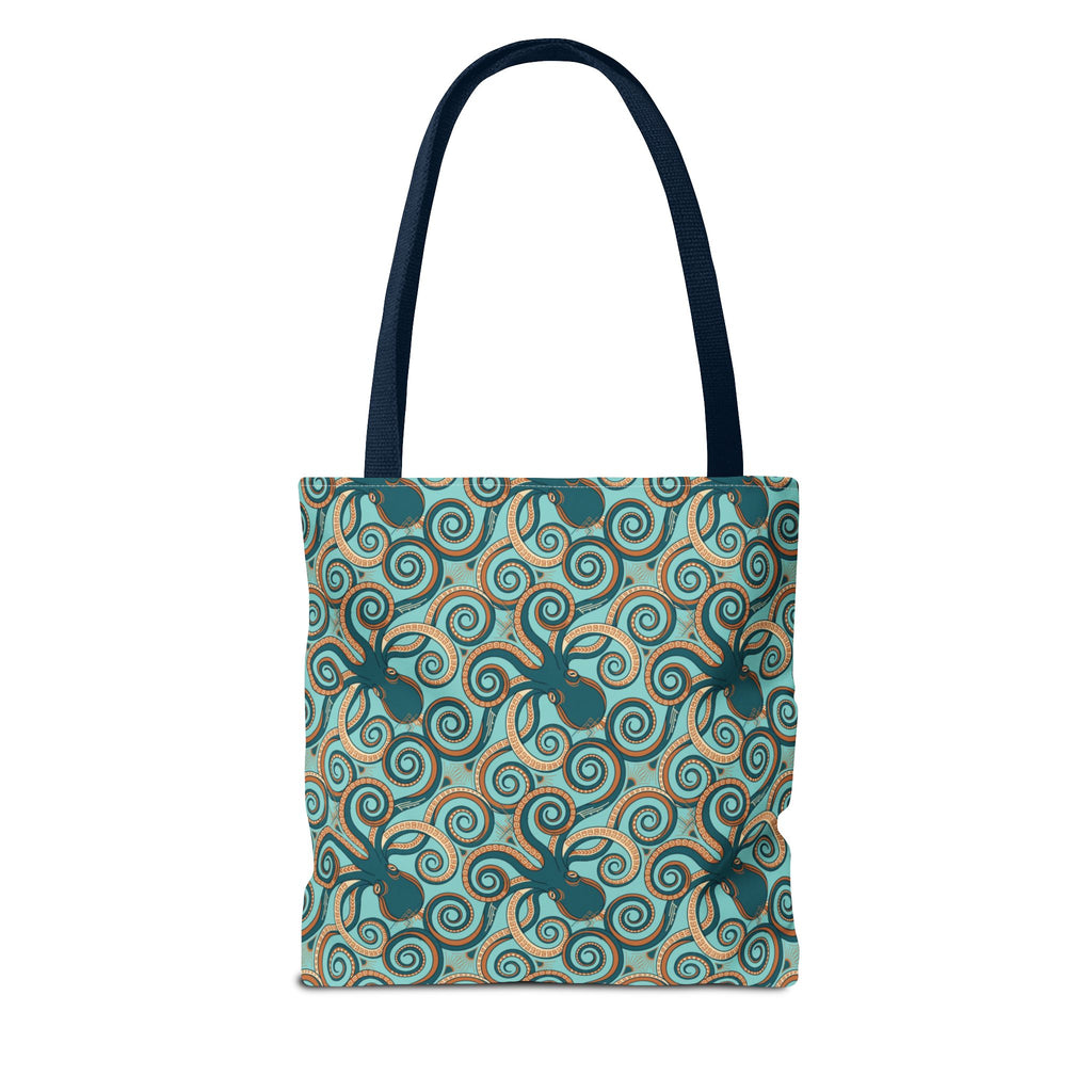 Teal tote bag with navy handles and octopus swirl pattern across the front.