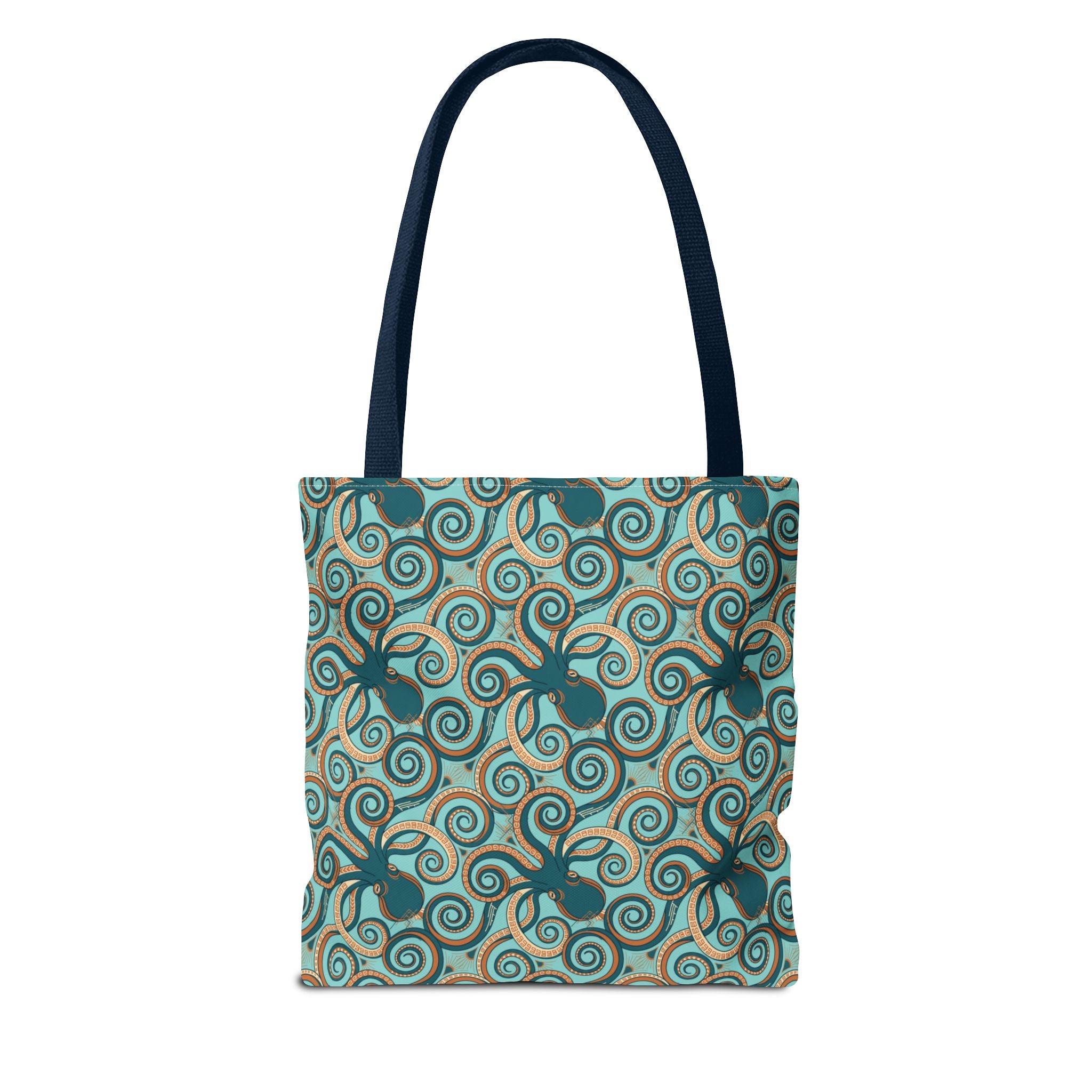 Teal tote bag with navy handles and octopus swirl pattern across the front.