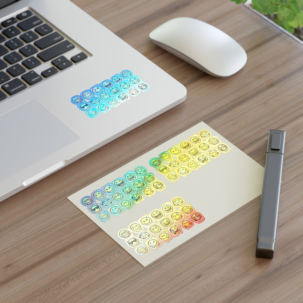 Emoji-Gesichter Stickerbogen in Blau-Grün-Gelb, die-cut