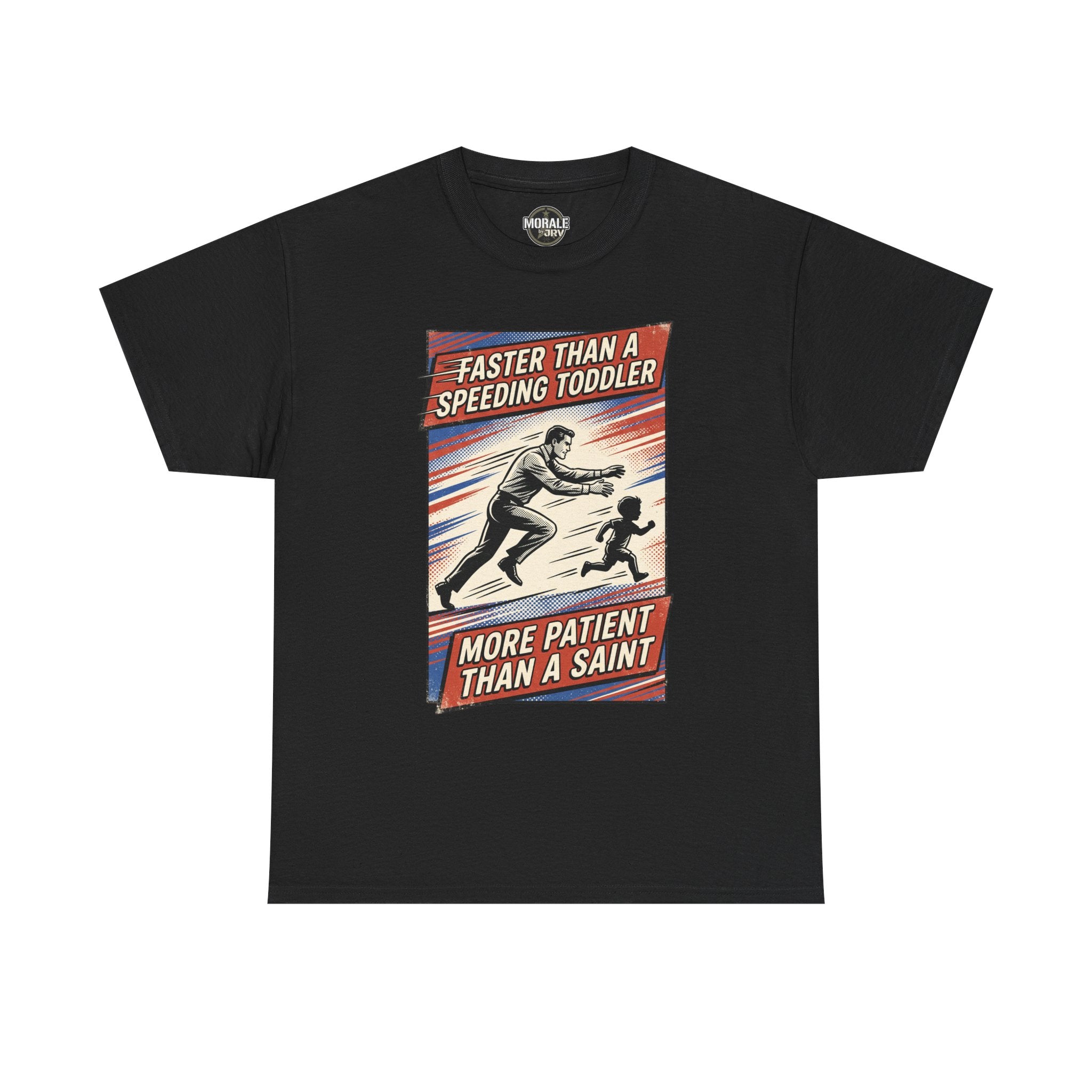 Faster Than A Speeding Toddler T-Shirt, black, vintage comic-style chest print