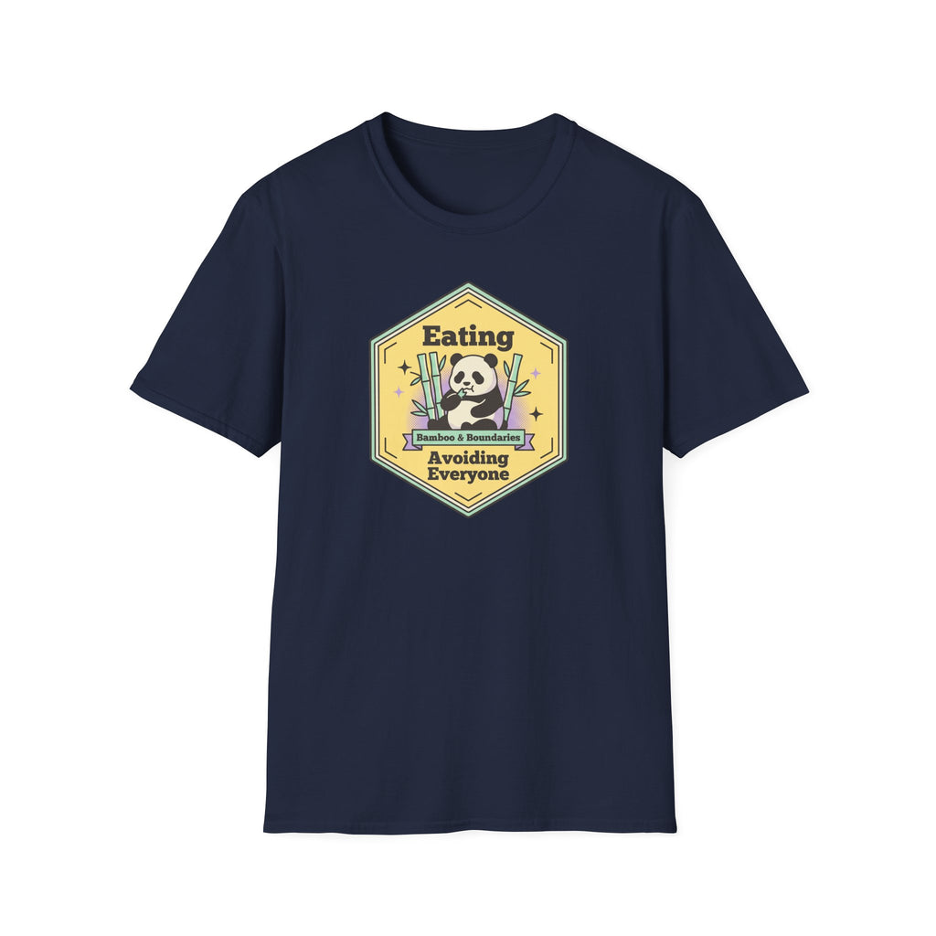 Unisex softstyle T-shirt, navy, chest panda graphic with badge
