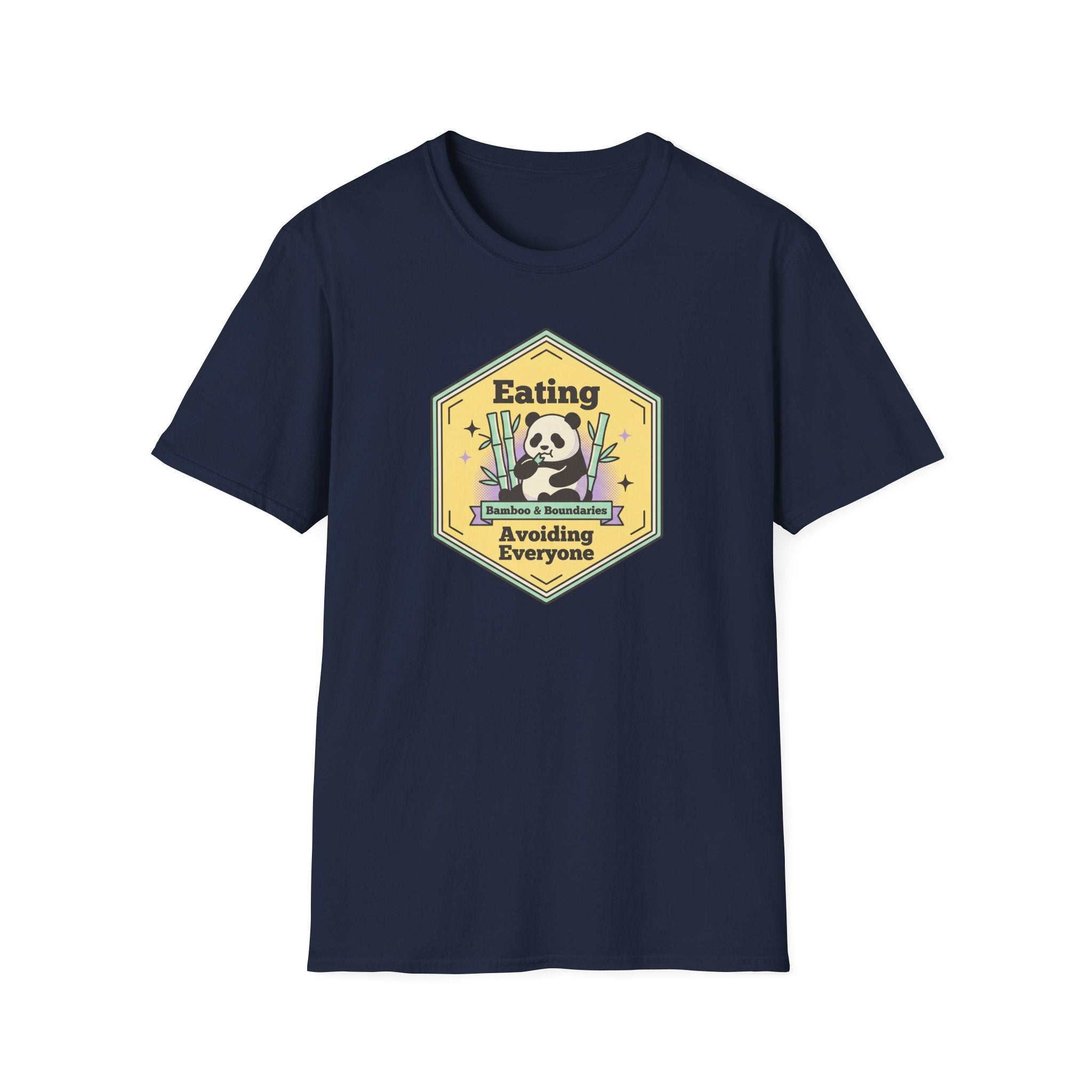Unisex softstyle T-shirt, navy, chest panda graphic with badge