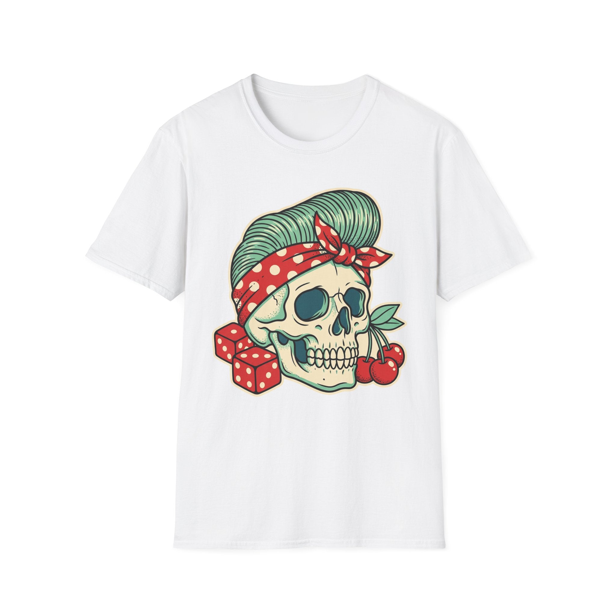 White rockabilly T-shirt with sugar skull graphic, red polka-dot bandana and cherries