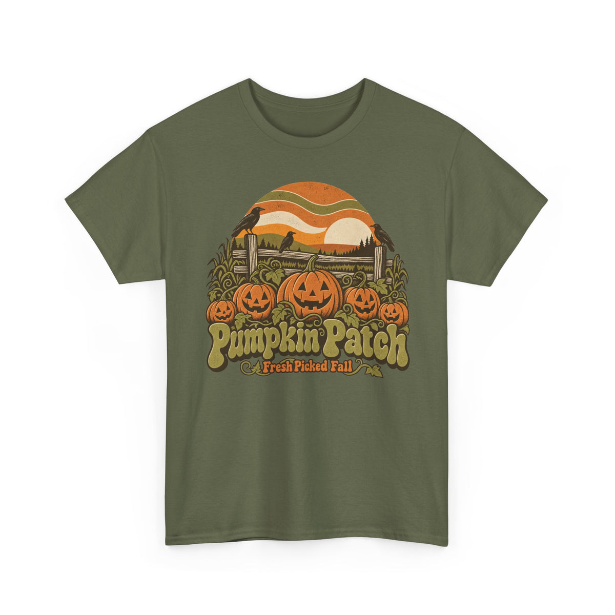 Pumpkin Patch T-Shirt, Retro Jack O Lantern Sunset Fall Halloween Shirt for Women and Men, Vintage Autumn Farm Graphic Tee