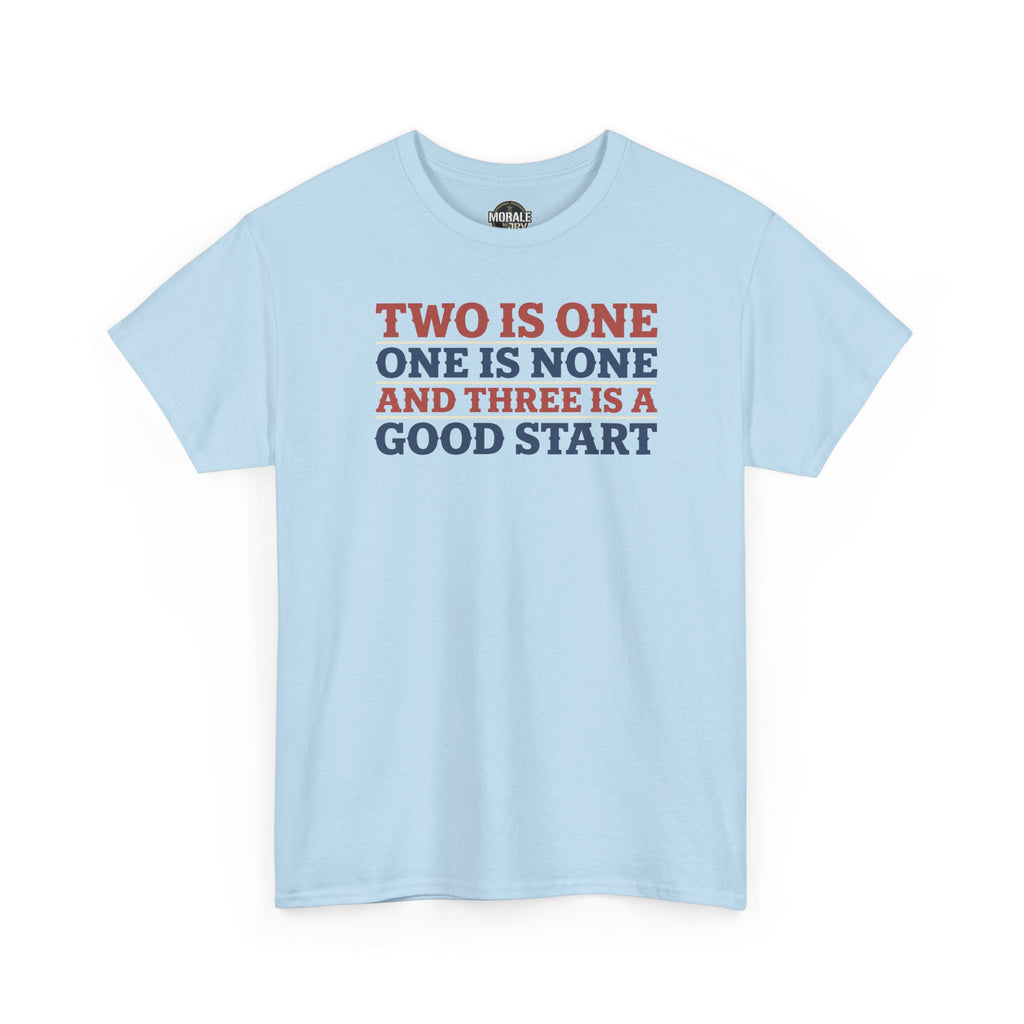 Light blue T-shirt with colorful slogan graphic on chest