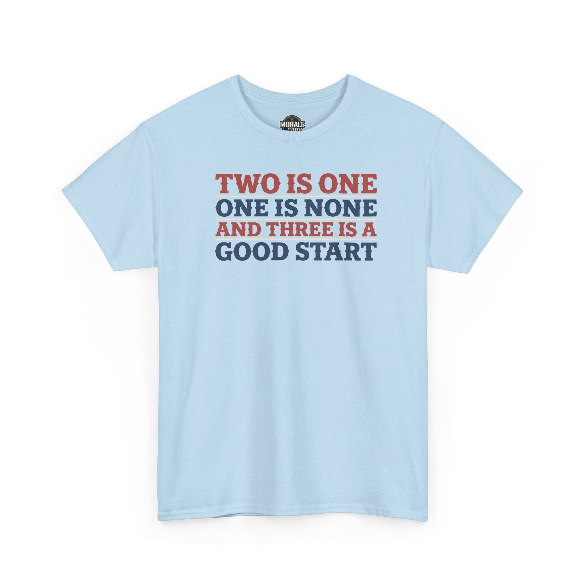 Light blue T-shirt with colorful slogan graphic on chest