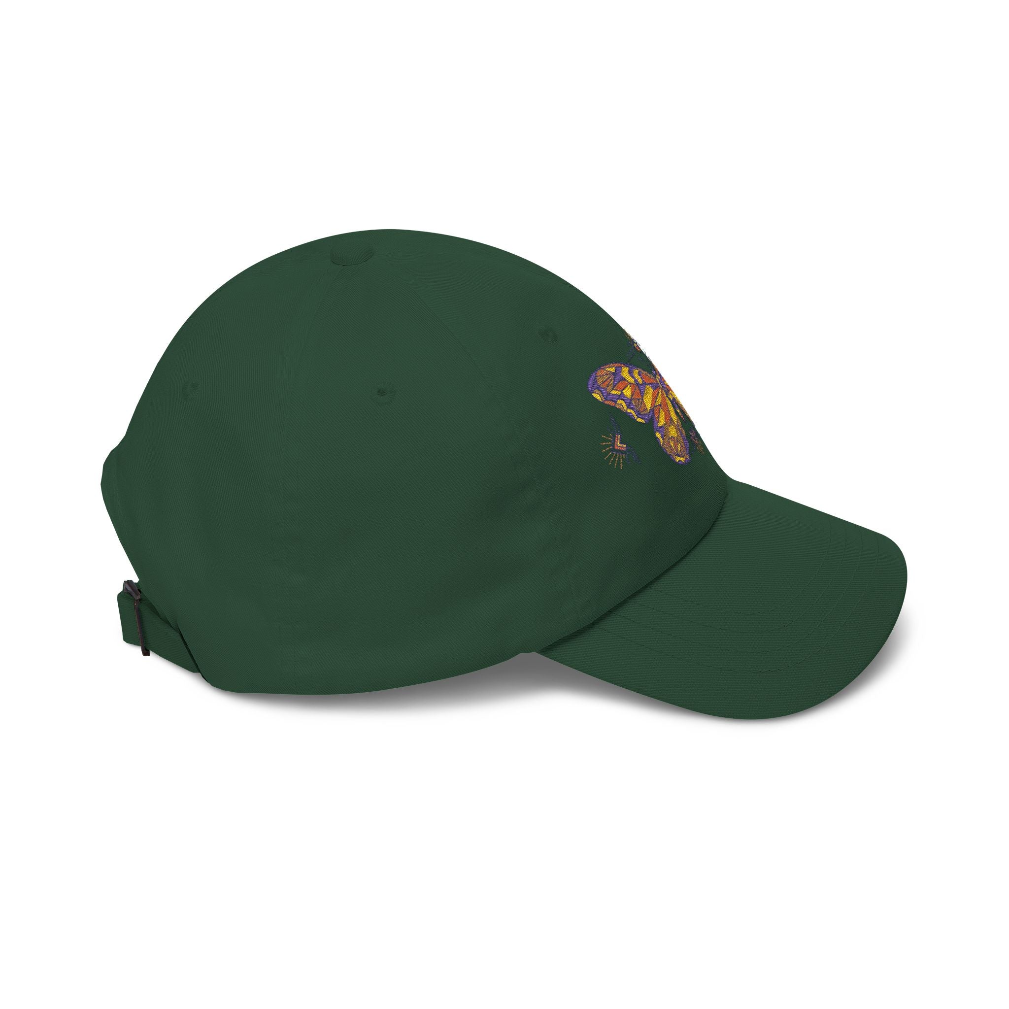 Embroidered dad cap in dark green with side colorful butterfly/moth patch