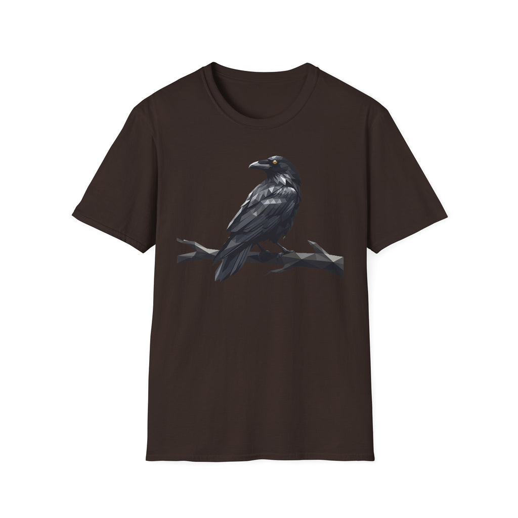 Dark brown crew-neck t-shirt with black raven bird graphic centered on the front