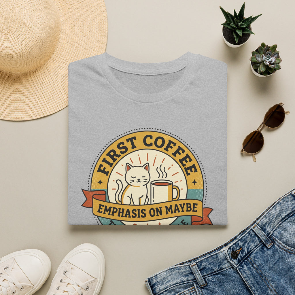 Light gray crew-neck T-shirt with cat coffee mug graphic and bold ribbon text