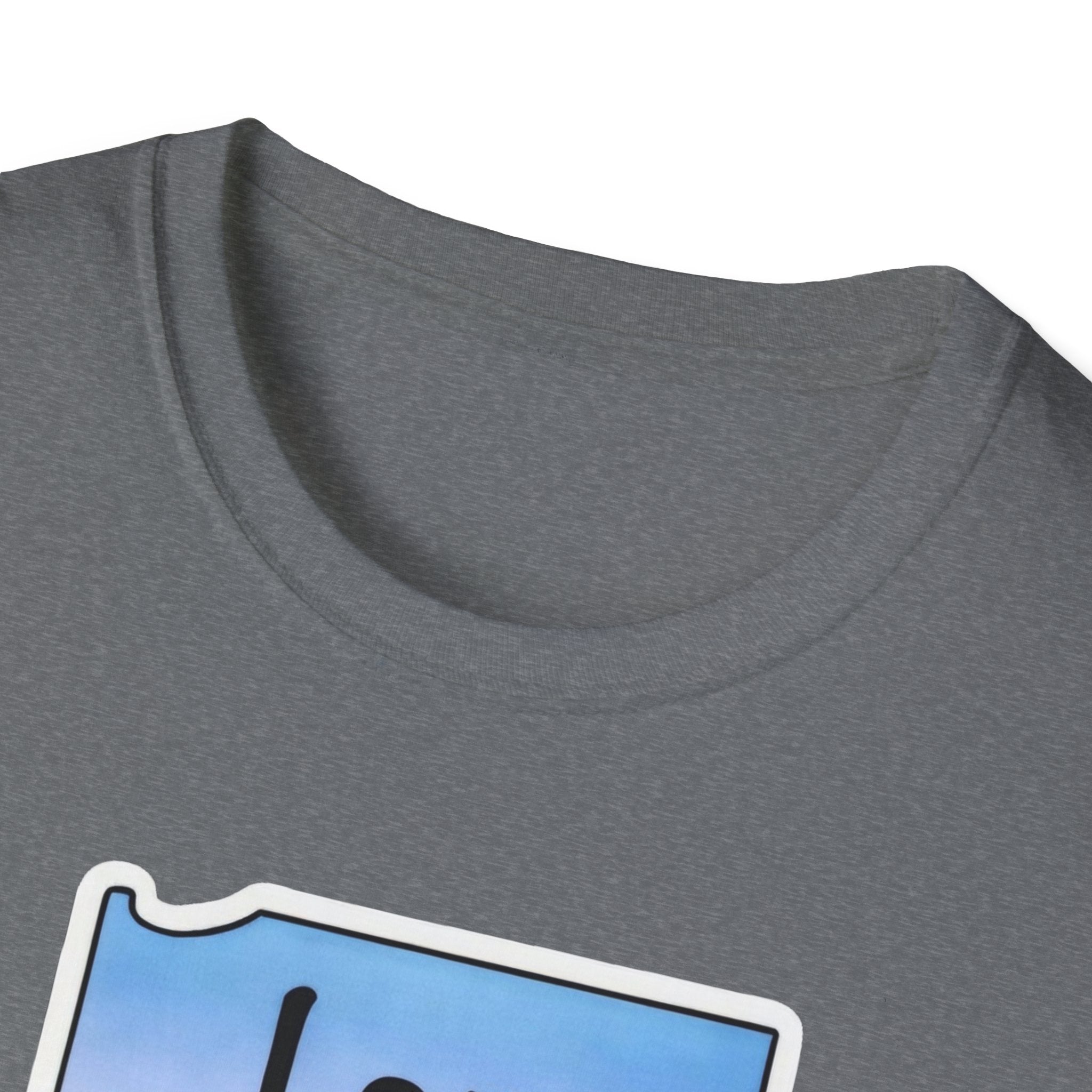 Dark heather T-shirt collar with partial “I am Indiana” skyline print