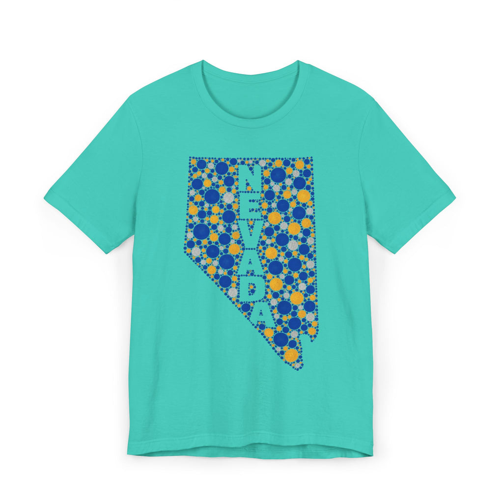 Teal T-shirt with blue and gold polka-dot Nevada map graphic on the chest