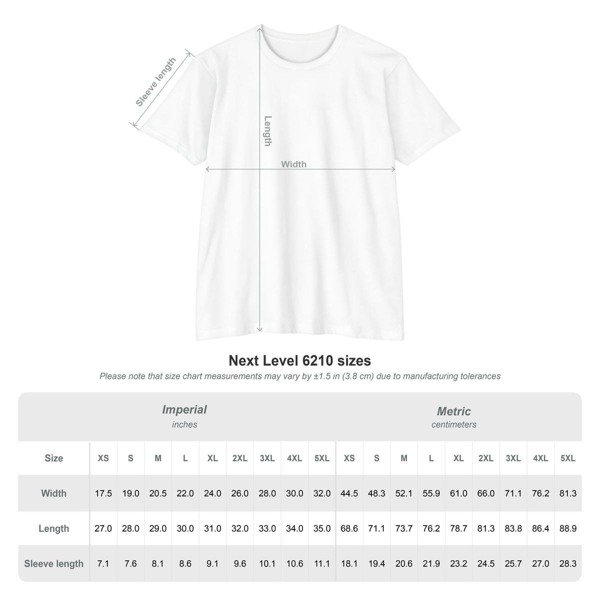 T-shirt size chart for Next Level 6210 with sleeve, width, and length measurements