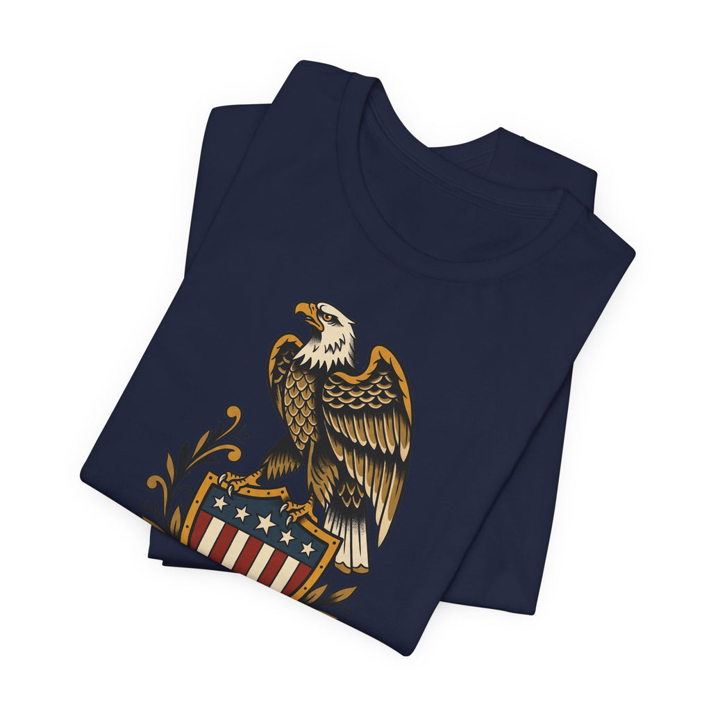Navy T-shirt with eagle and shield patriotic graphic at center
