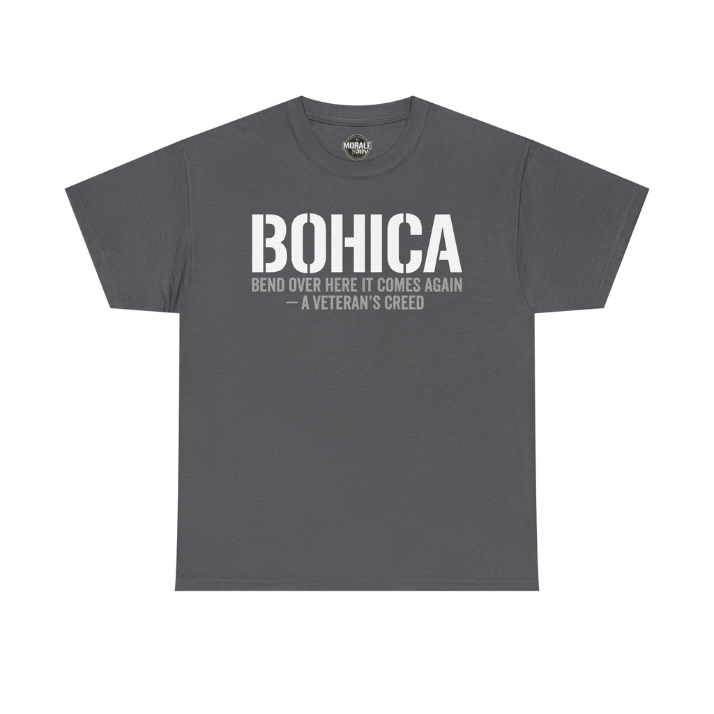 Charcoal BOHICA graphic T-shirt with large BOHICA and creed text front print