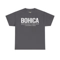 Charcoal BOHICA graphic T-shirt with large BOHICA and creed text front print