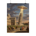 Leaning Tower sci-fi poster with glowing UFO and people walking in vintage city scene