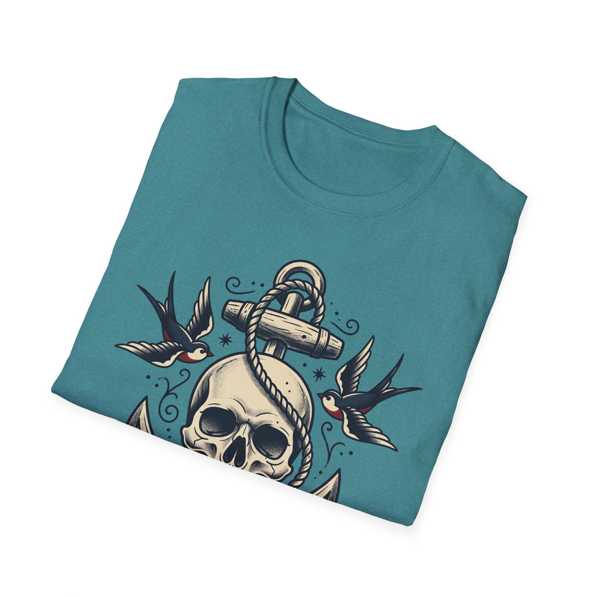 Heather Galapagos Blue T-shirt with sailor skull and anchor rope knot graphic