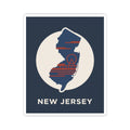 NJ state map sticker, white circular badge with red and blue lines on navy; kiss-cut edges