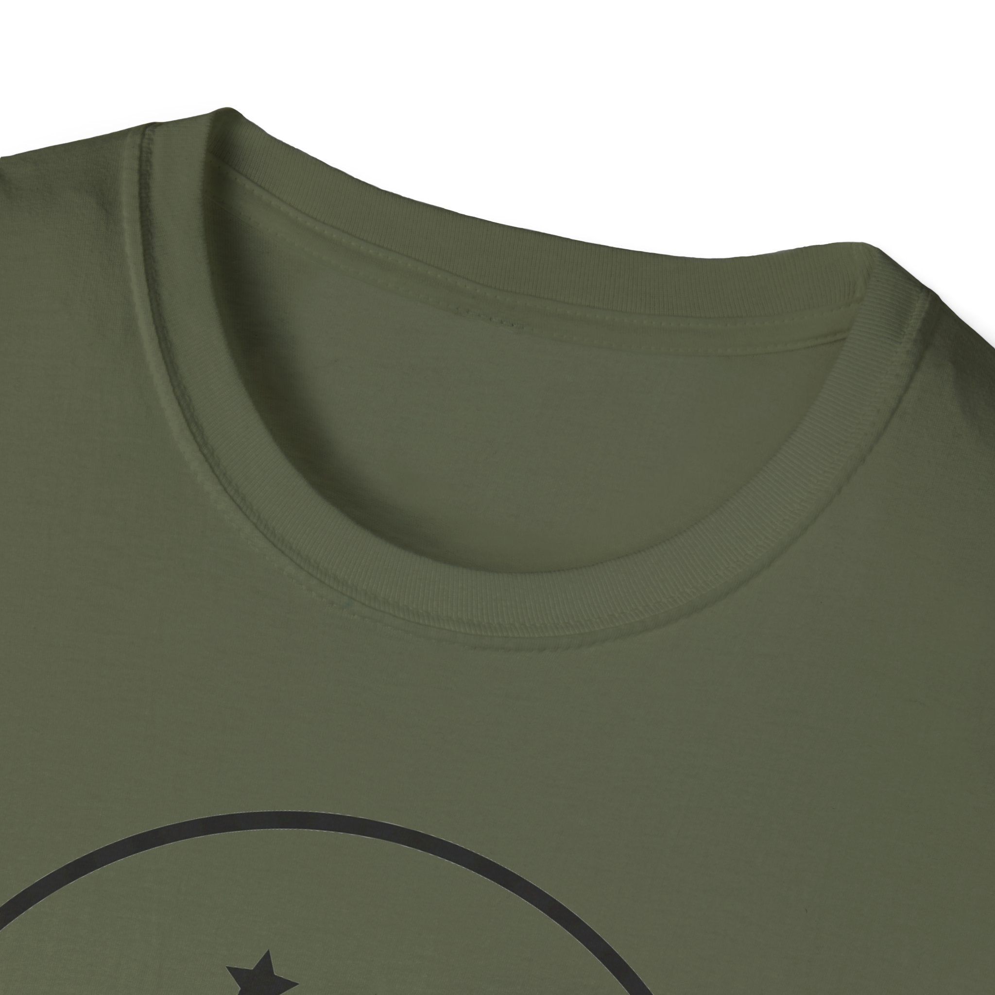 Olive green t-shirt neckline with partial black crescent-and-star circle graphic