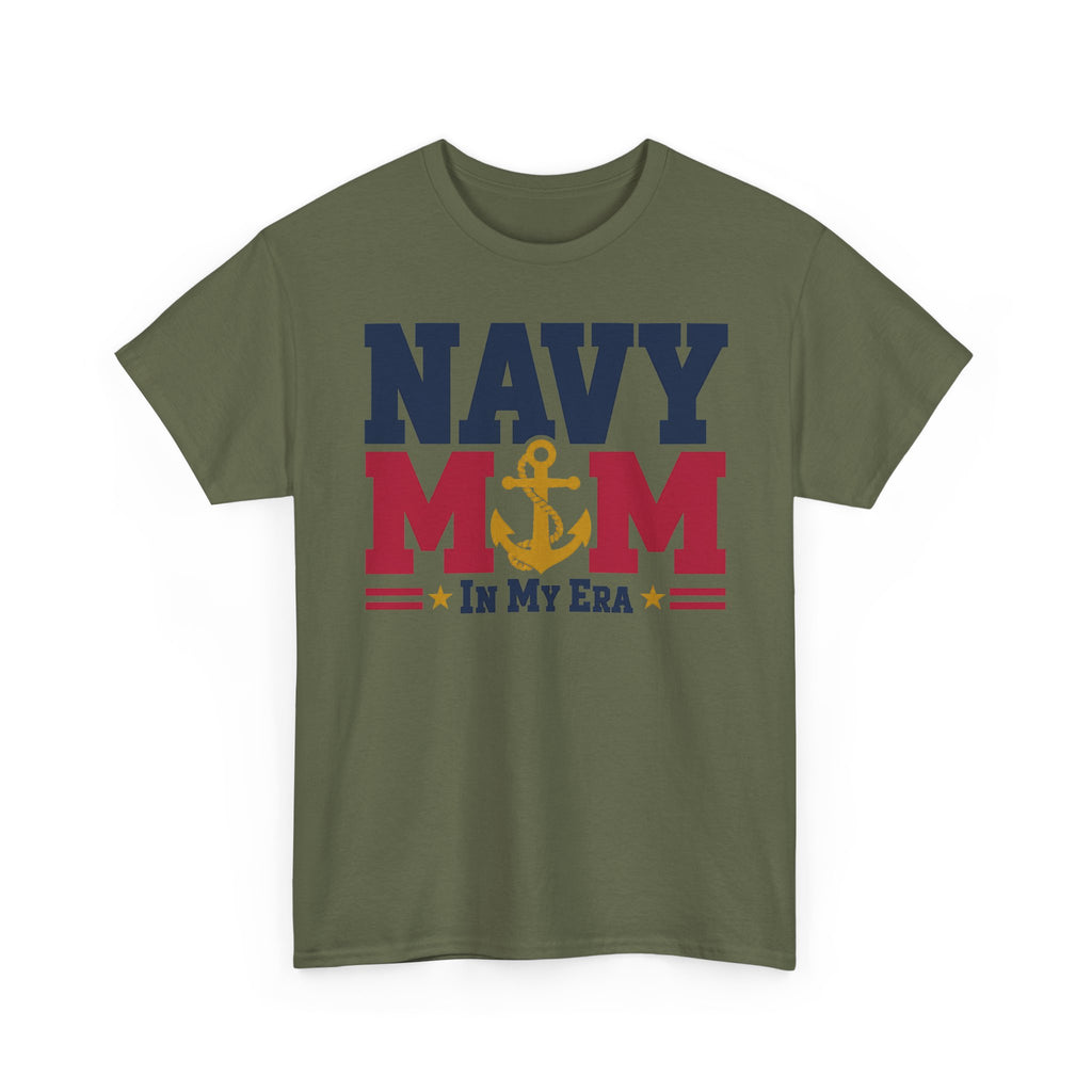 Olive green T-shirt with NAVY MOM in my era patriotic anchor graphic