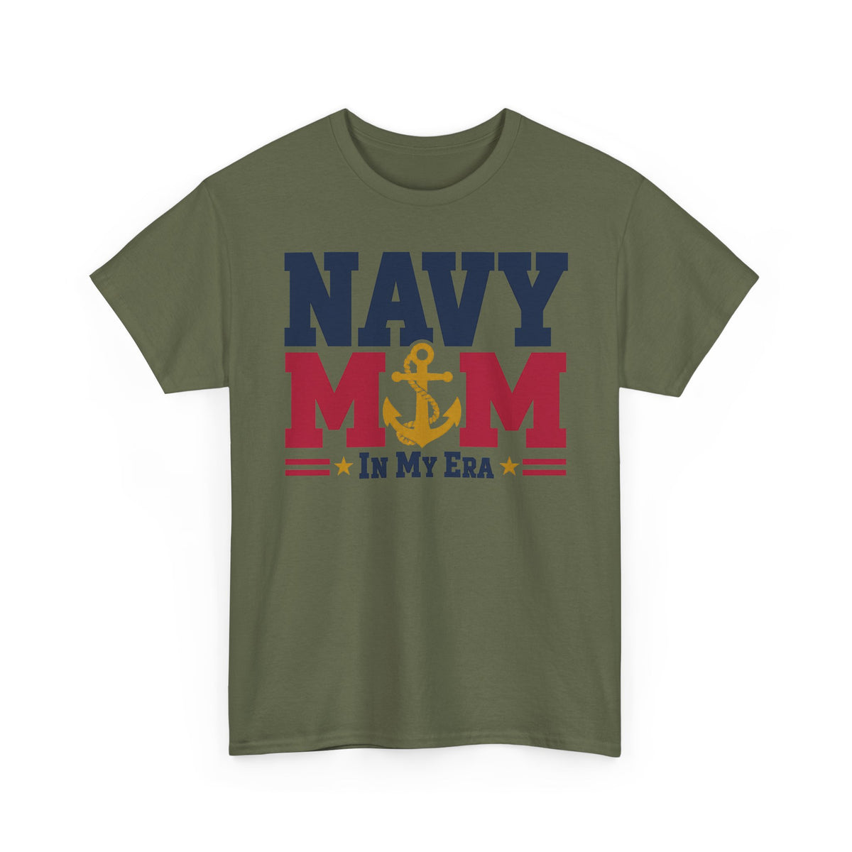 Olive green T-shirt with NAVY MOM in my era patriotic anchor graphic