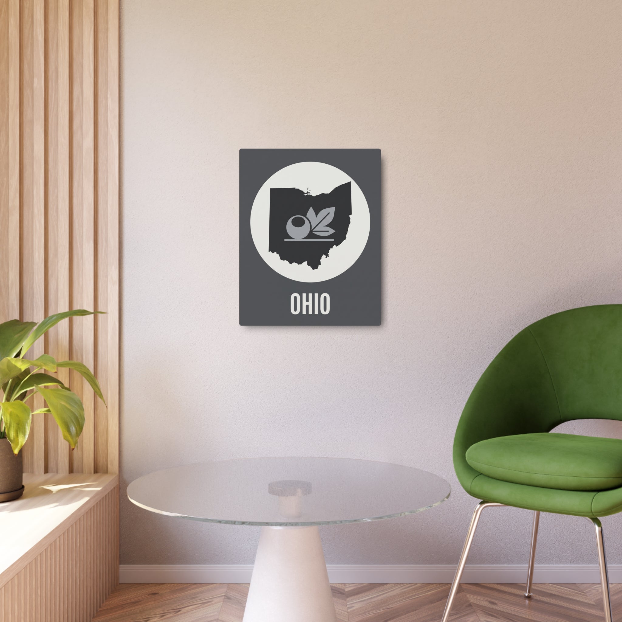 Ohio metal wall art sign mounted in living room, dark gray square with circular emblem and “OHIO”.