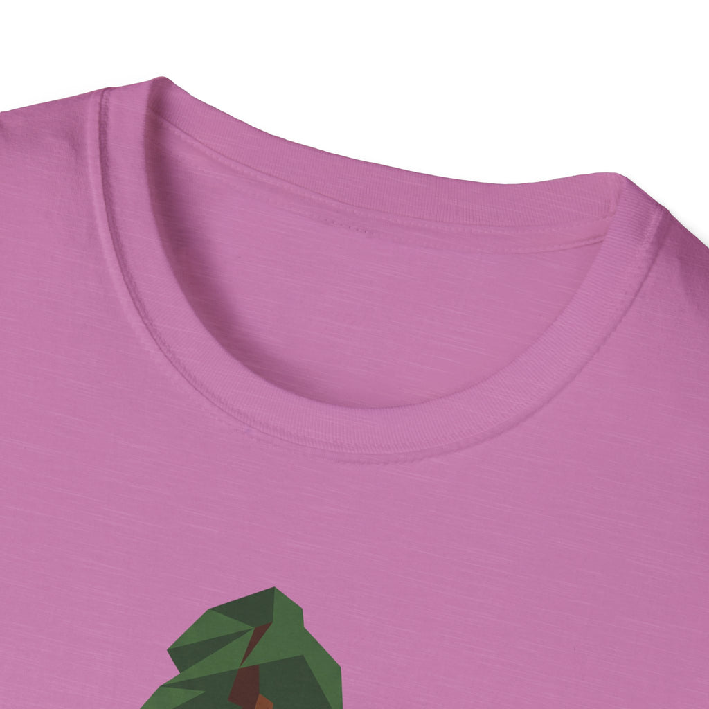 Geometric redwood tree T-shirt in pink, close-up of crew neck and top of print