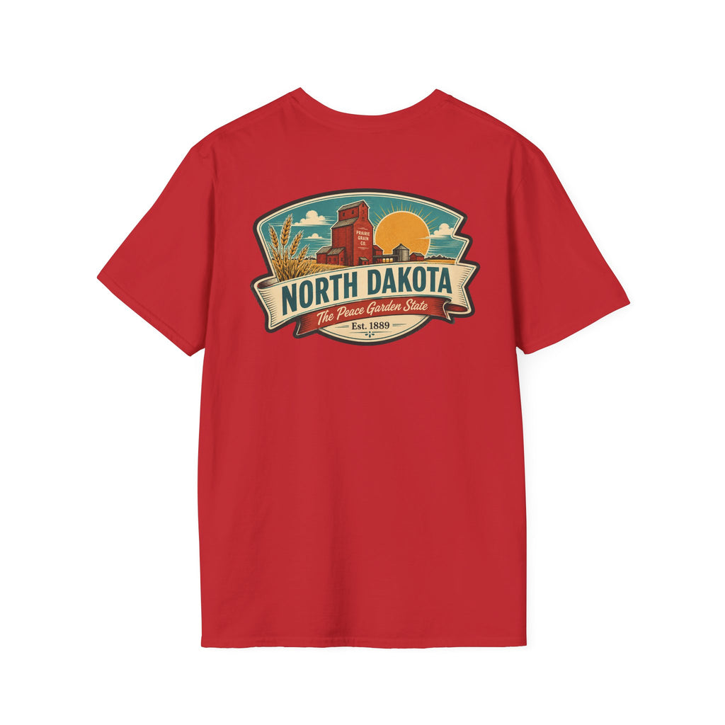 Red T-shirt with North Dakota logo graphic on the chest