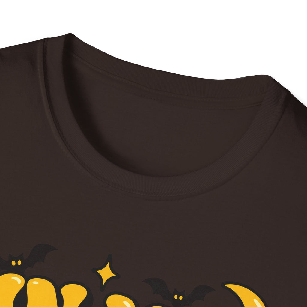 Dark brown T-shirt close-up showing Halloween bubble-letter print and bat silhouettes