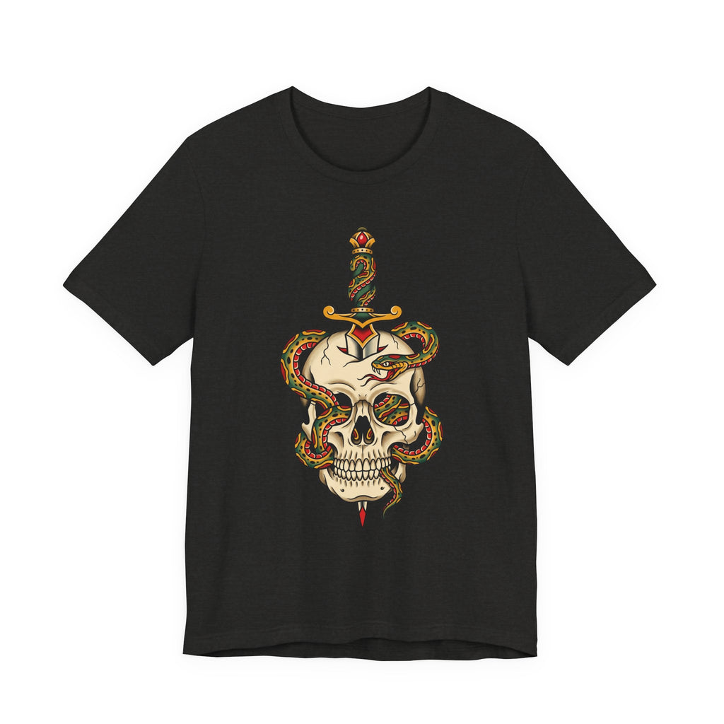 Black unisex T-shirt with snake-wrapped skull and dagger graphic