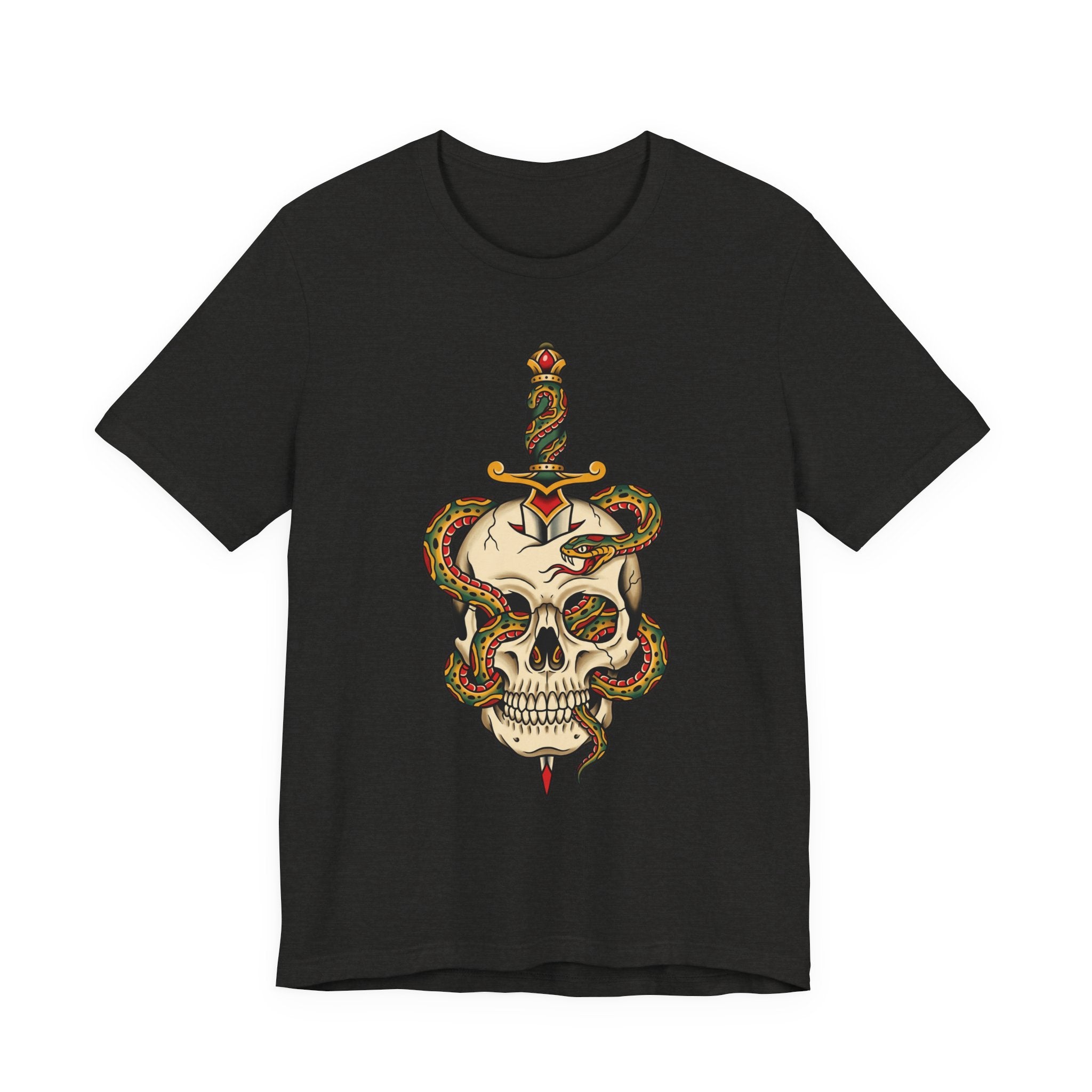 Black unisex T-shirt with snake-wrapped skull and dagger graphic