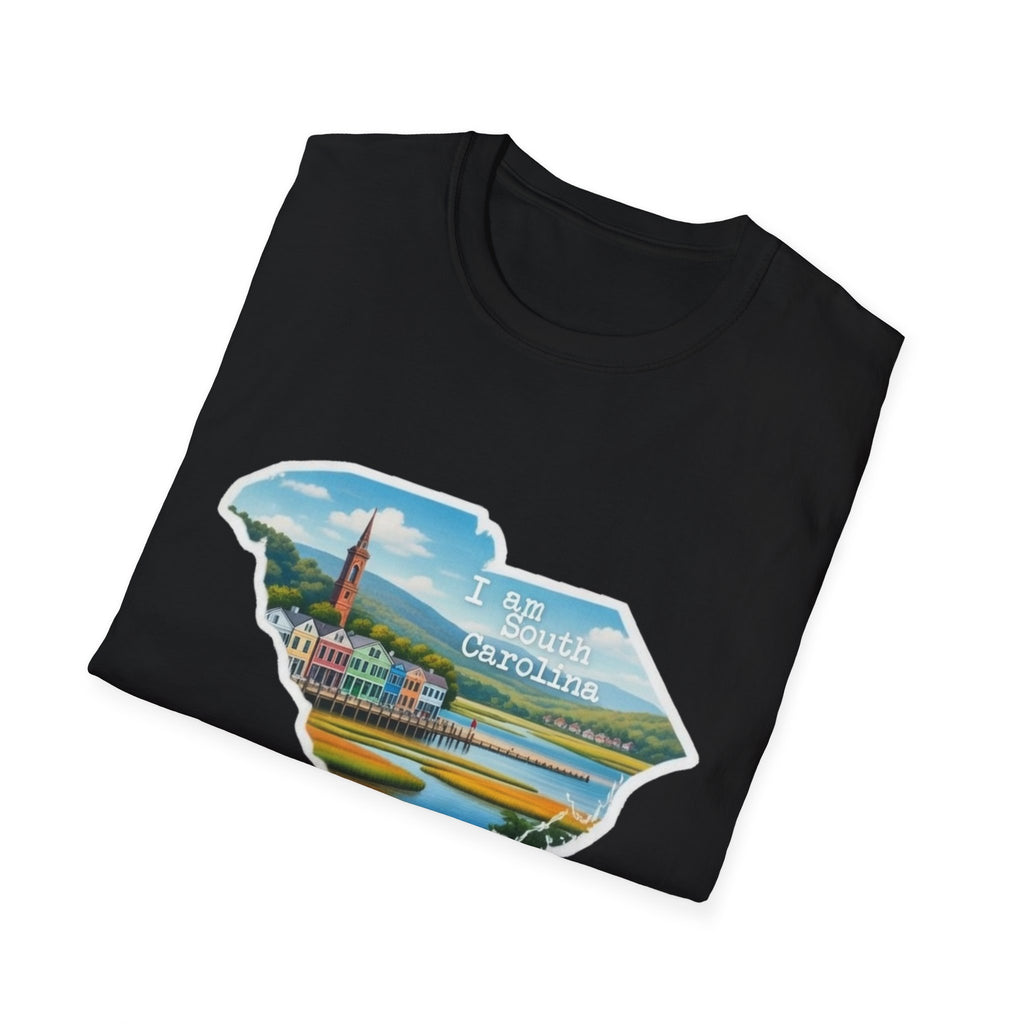 South Carolina skyline T-shirt, black; state-shaped lighthouse and palmetto print.