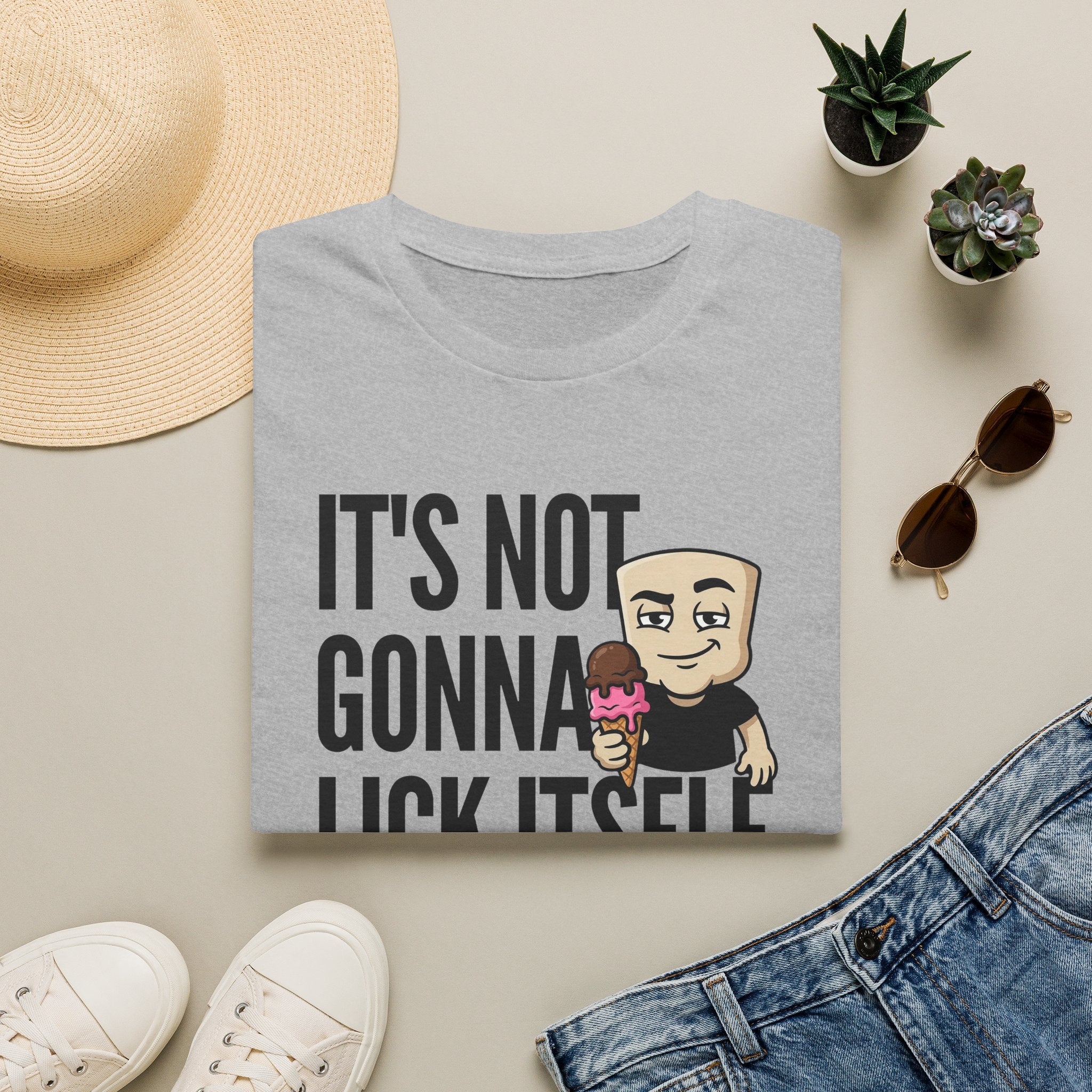 Heather gray T-shirt with front text and cartoon ice cream character graphic