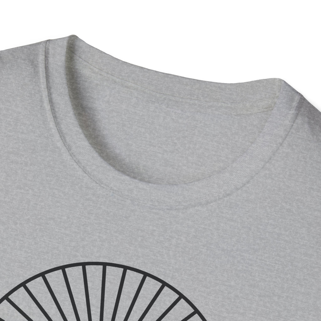 Sport gray T-shirt close-up of crew neck with partial mountain badge graphic.