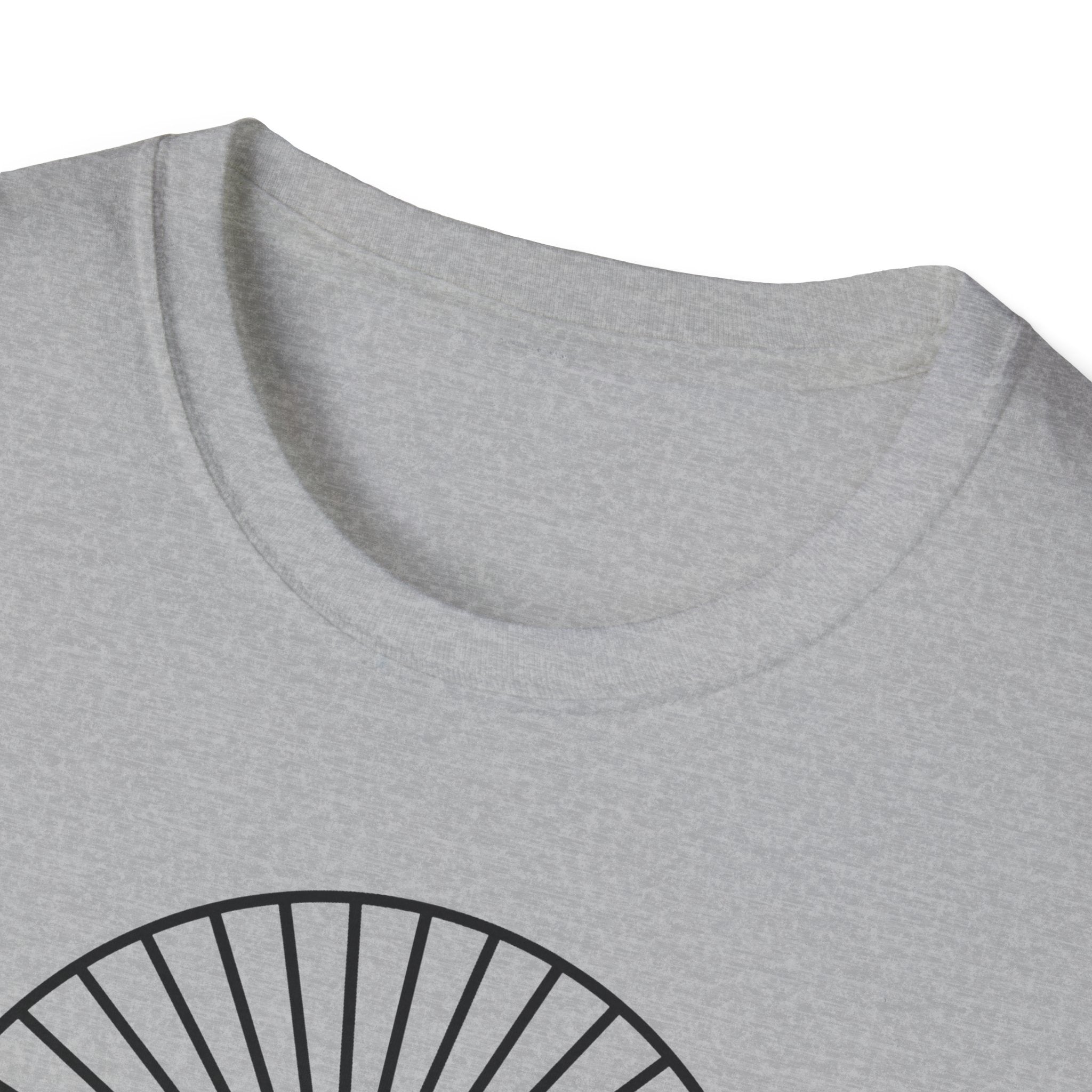 Sport gray T-shirt close-up of crew neck with partial mountain badge graphic.
