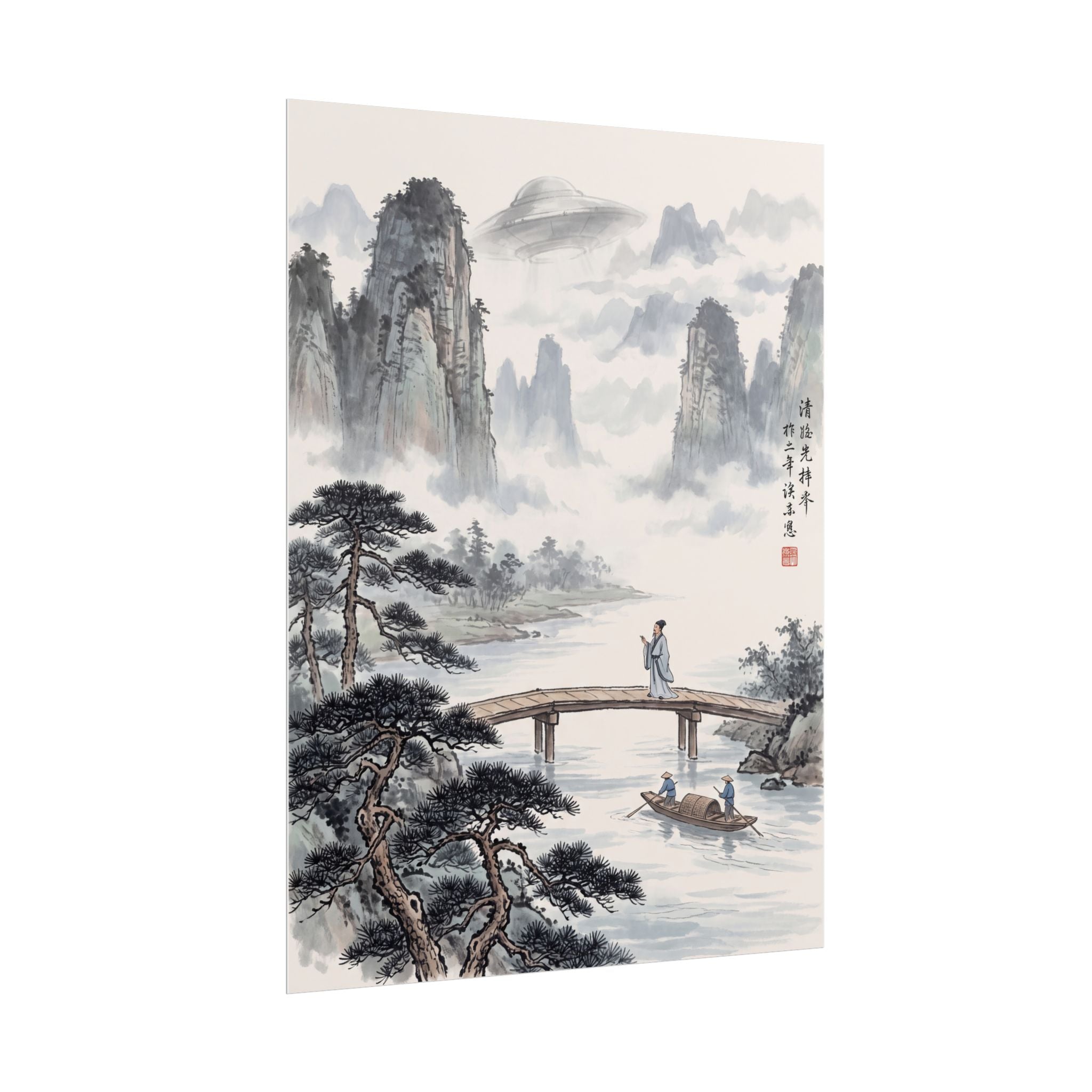 Vertical landscape rolled poster featuring misty mountains, pine trees, river bridge, and boats