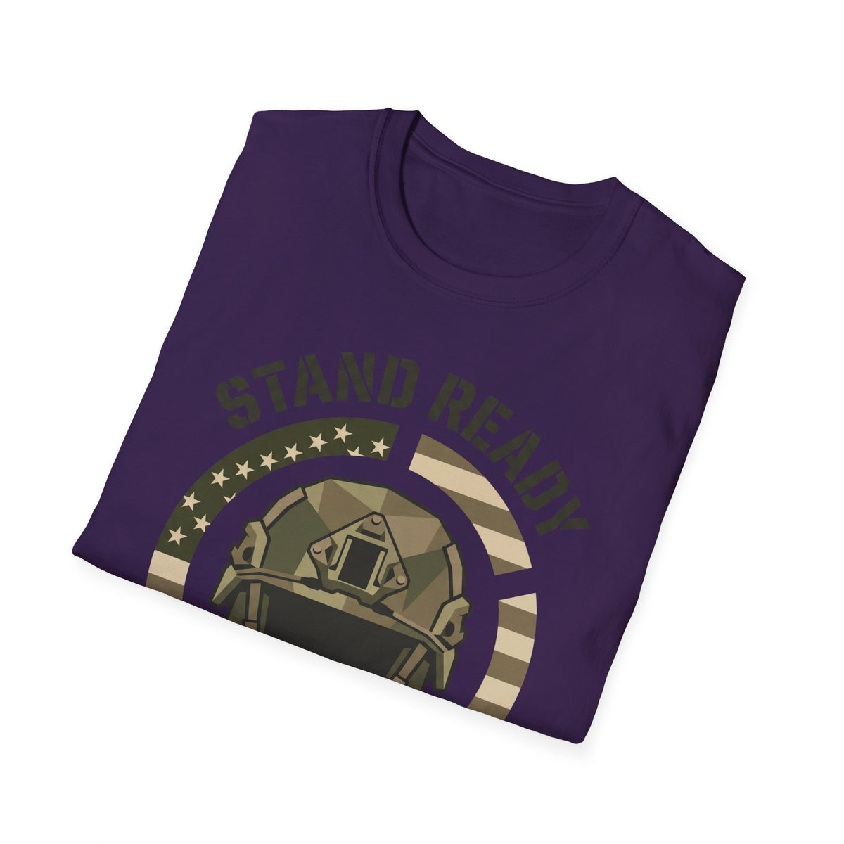 Purple crew-neck T-shirt with circular helmet graphic and arched text