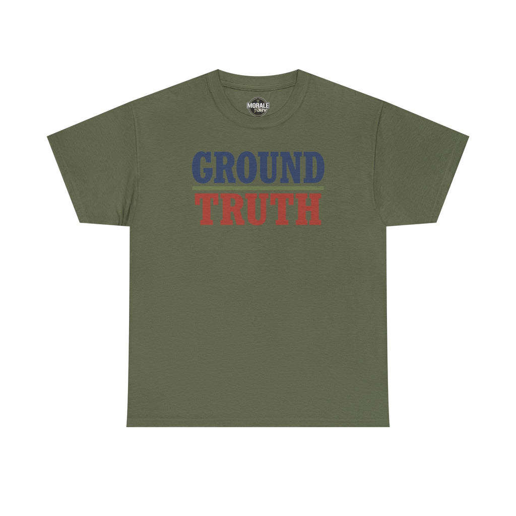 Military green crew-neck T-shirt with 'GROUND TRUTH' graphic print on chest