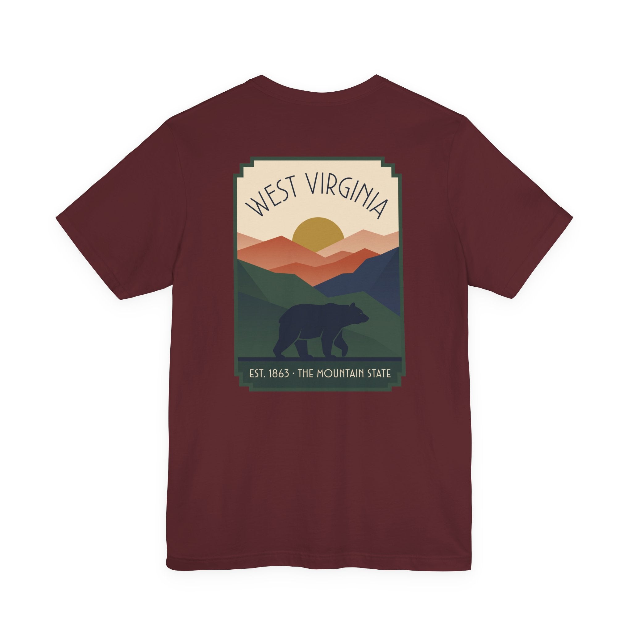 Maroon T-shirt with square West Virginia mountain bear graphic print on chest