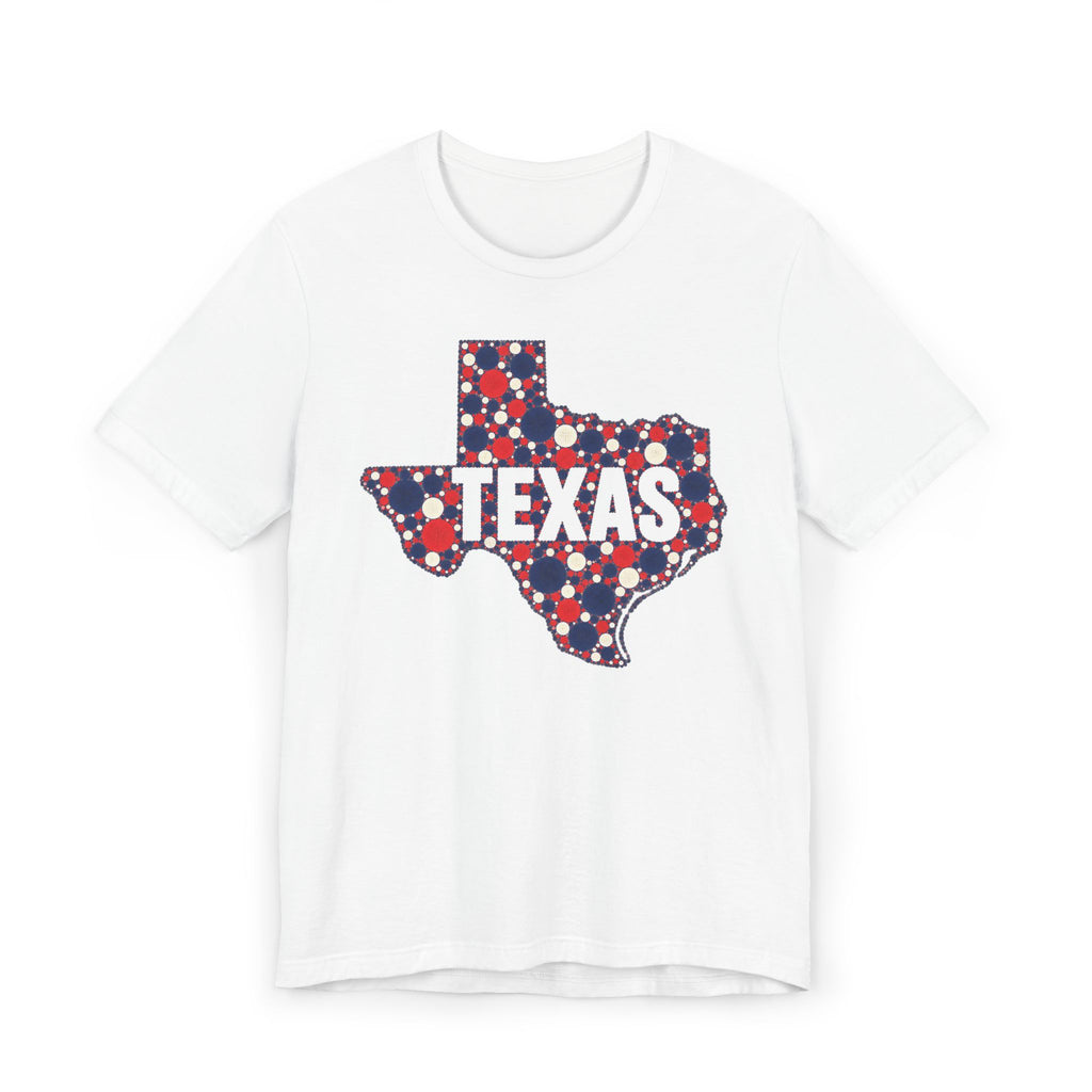 White T-shirt featuring a red, blue, and white polka dot Texas outline with TEXAS