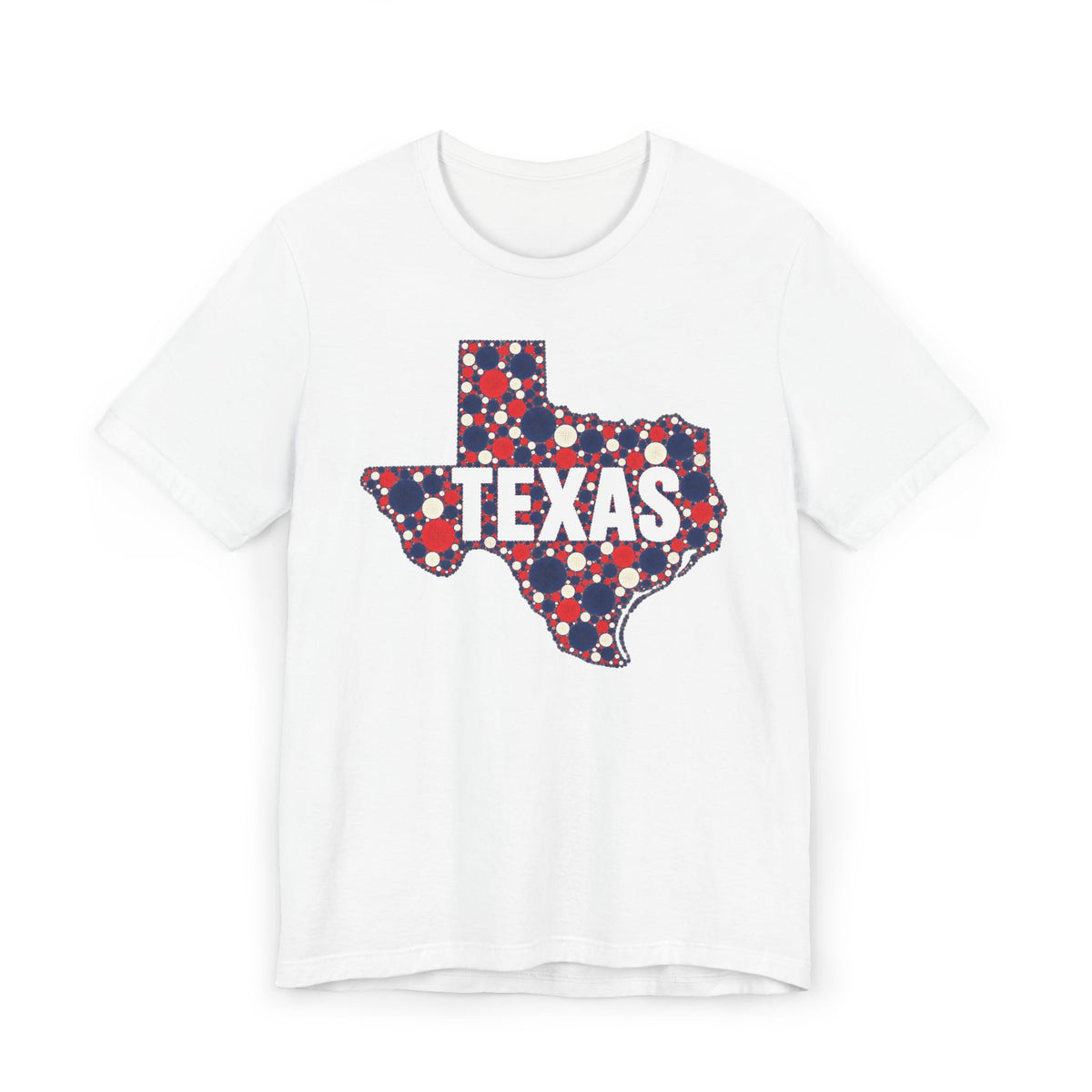 White T-shirt featuring a red, blue, and white polka dot Texas outline with TEXAS