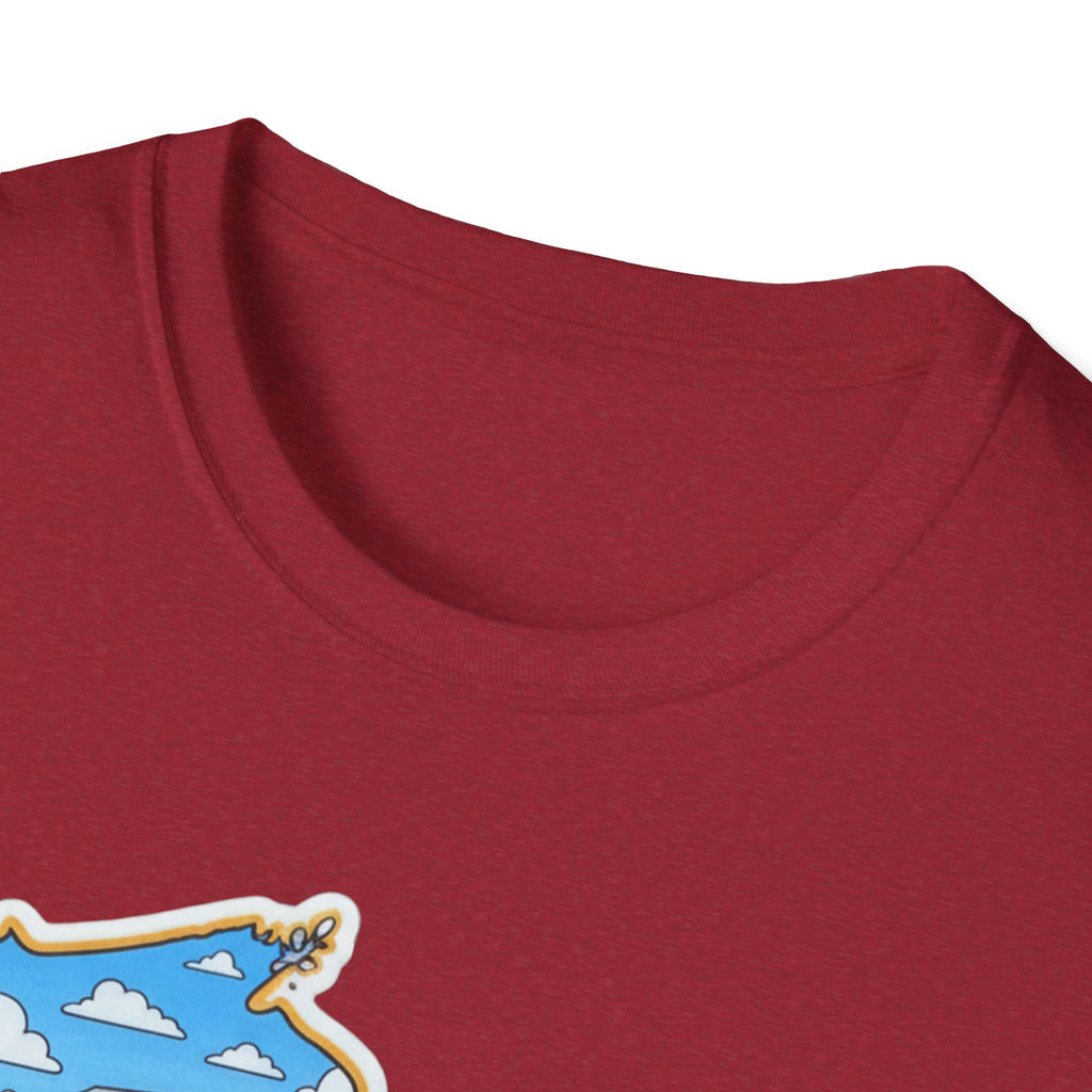 I Am Wisconsin map T-shirt in red, close-up of crew neck with partial logo