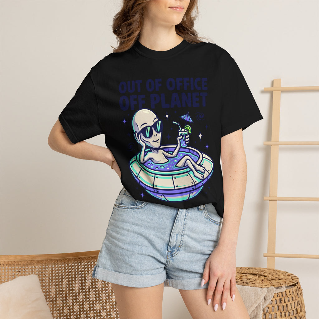 Black T-shirt with alien on floatie and 'OUT OF OFFICE OFF PLANET' text graphic