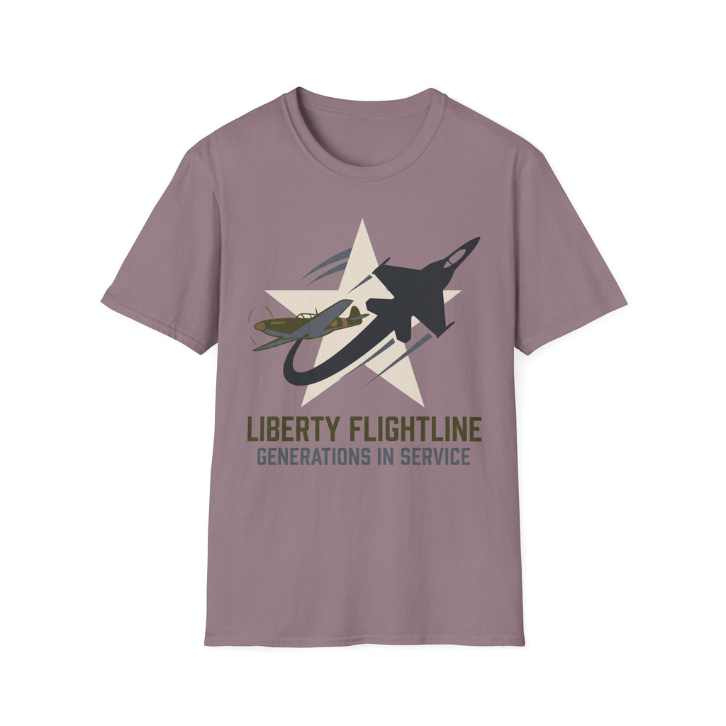 Mauve crewneck t-shirt with jet graphic and “Liberty Flightline Generations in Service” print