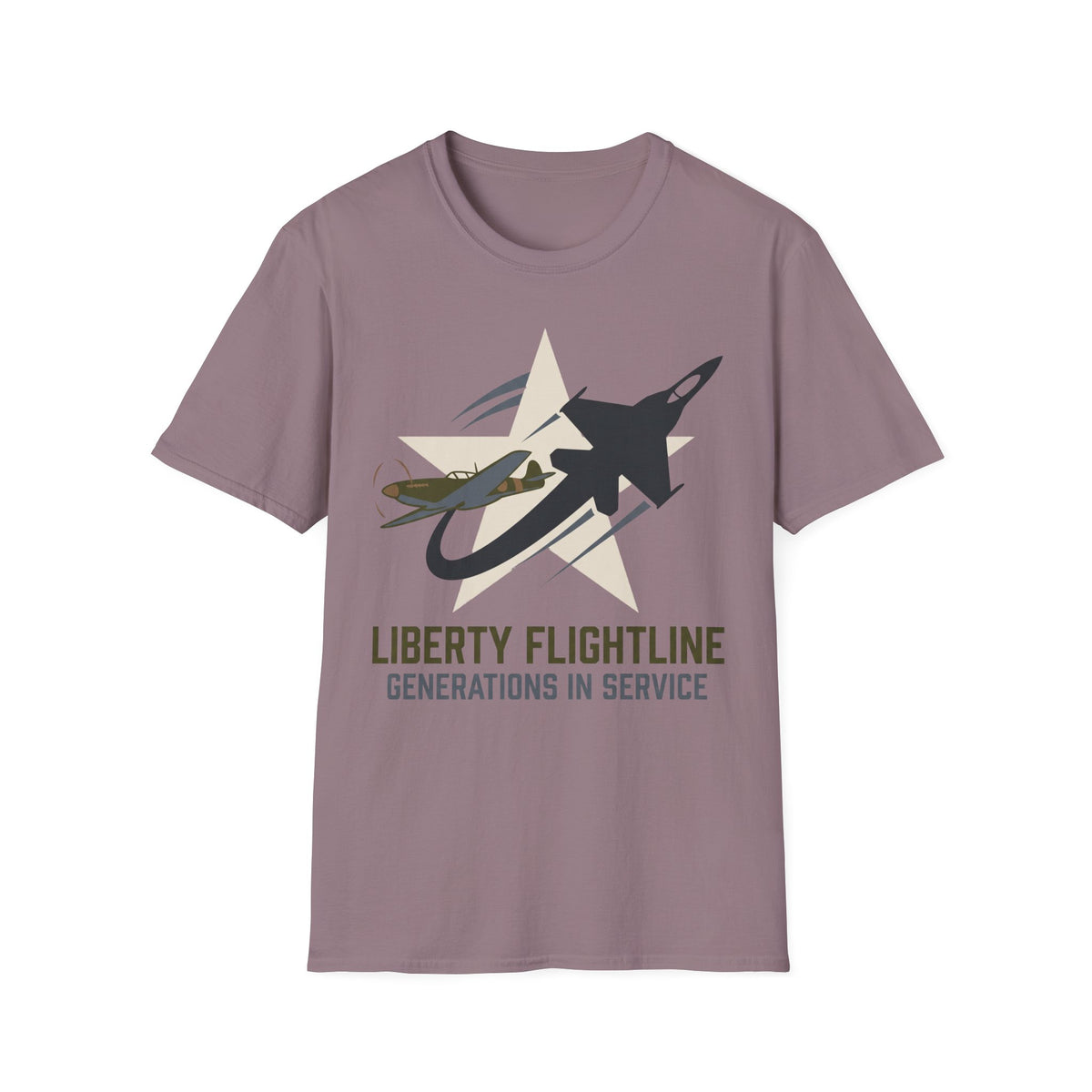 Mauve crewneck t-shirt with jet graphic and “Liberty Flightline Generations in Service” print