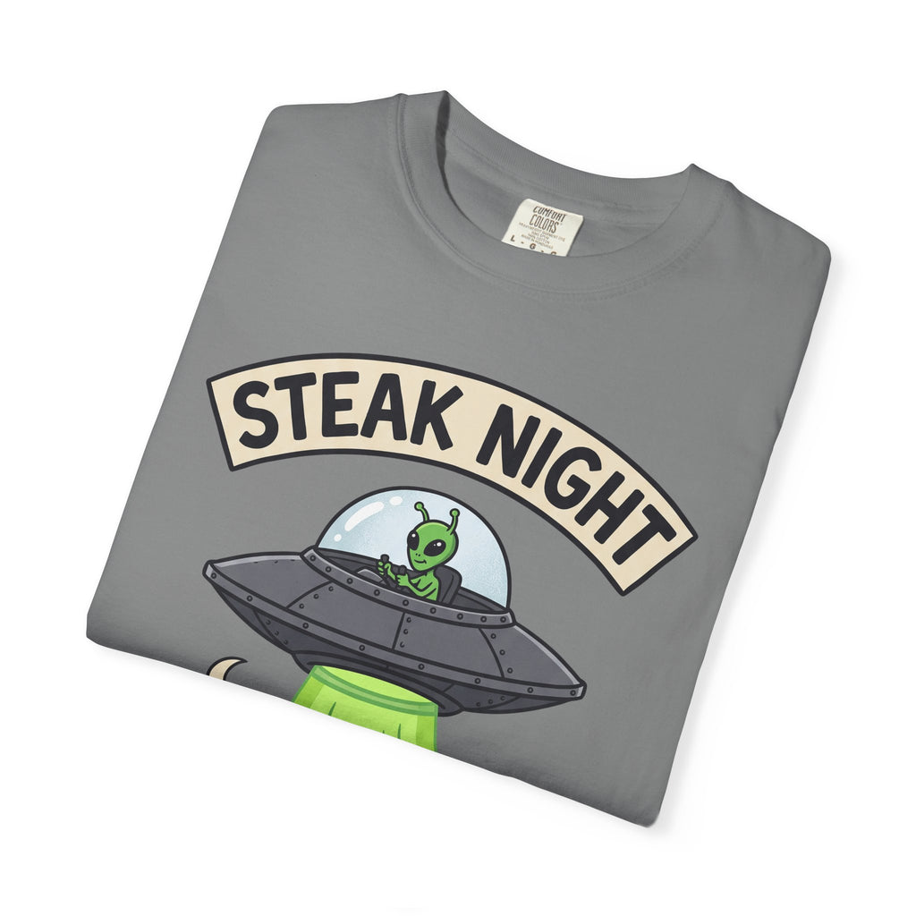 Dark gray T-shirt with 'Steak Night' UFO graphic, green alien and cow