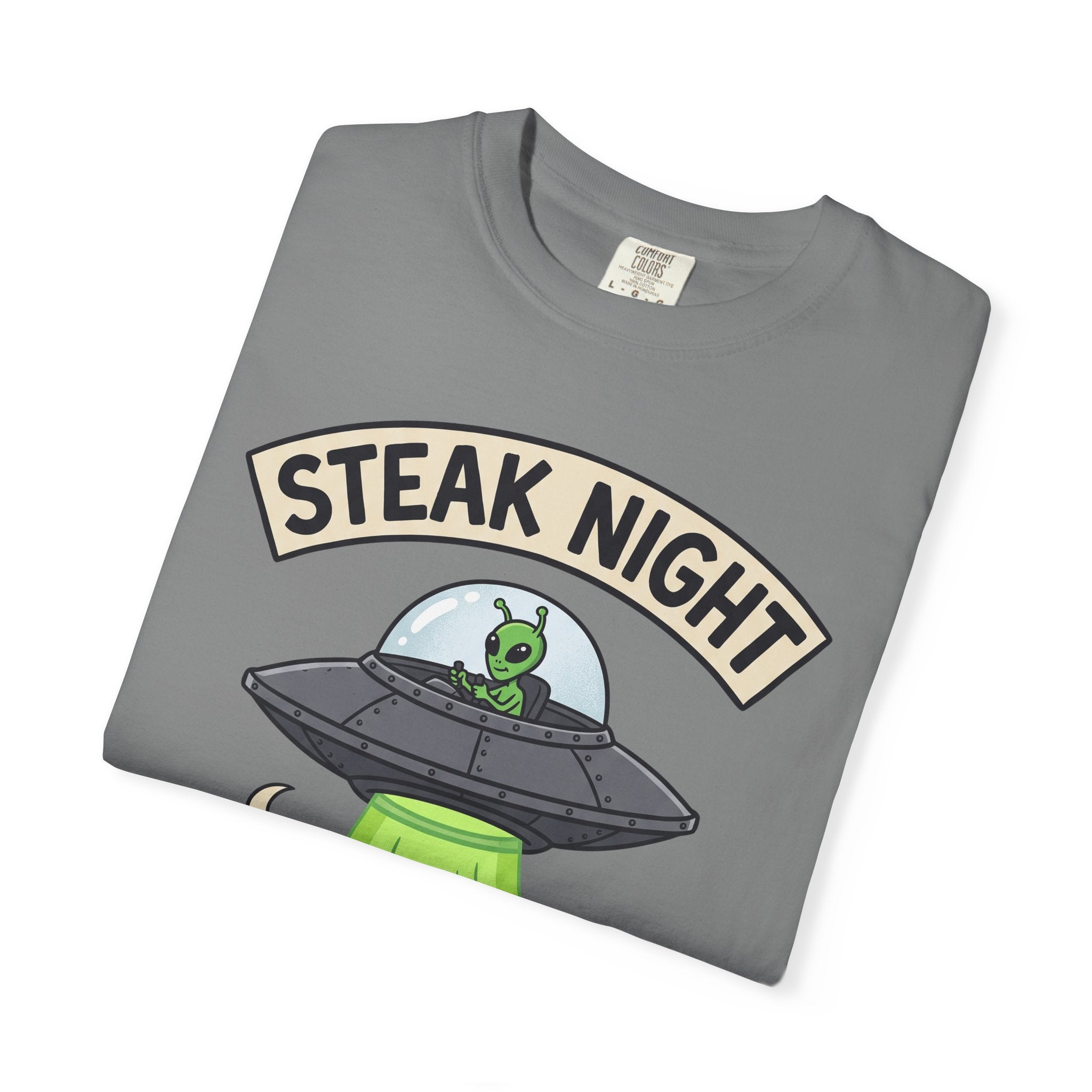 Dark gray T-shirt with 'Steak Night' UFO graphic, green alien and cow