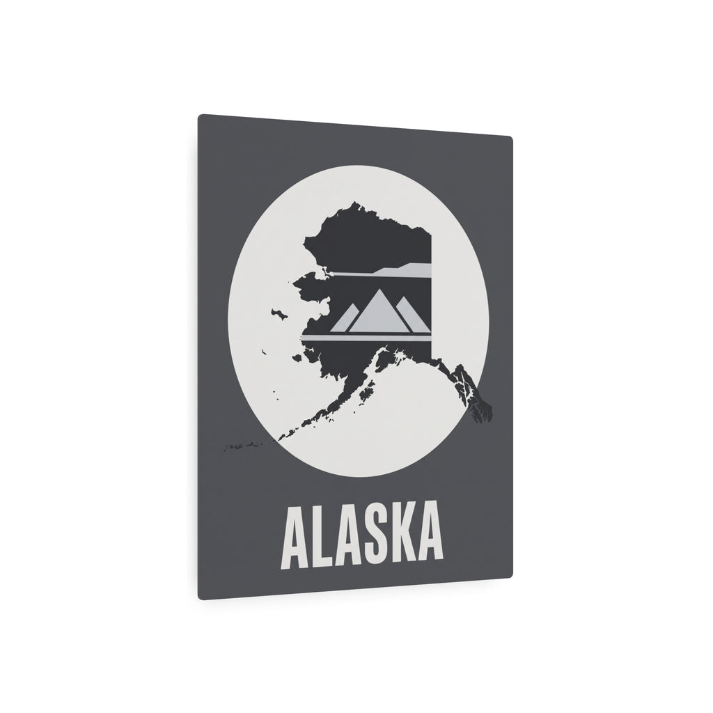 Alaska metal wall sign featuring circular map, mountain skyline bars, and ALASKA text