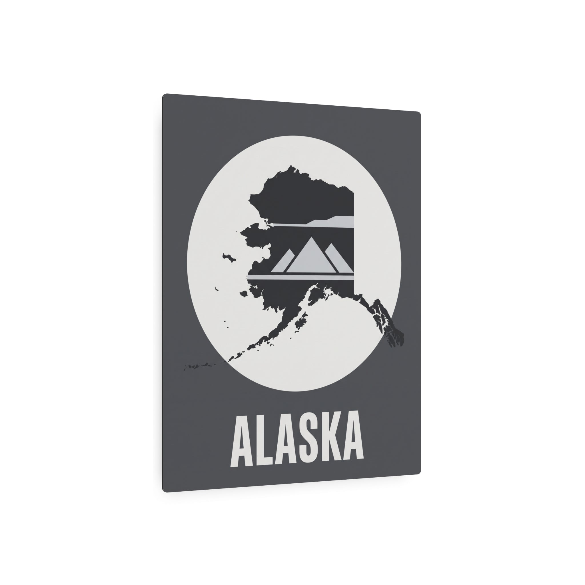 Alaska metal wall sign featuring circular map, mountain skyline bars, and ALASKA text